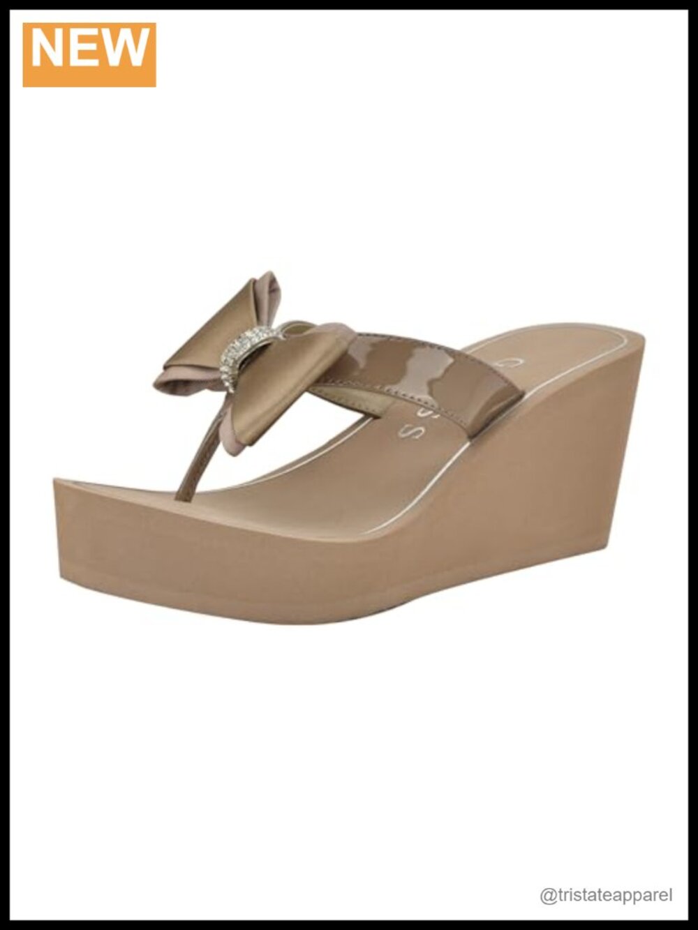 Wedge Sandals with Rhinestone Bow Slip-On Faux Patent Leather
